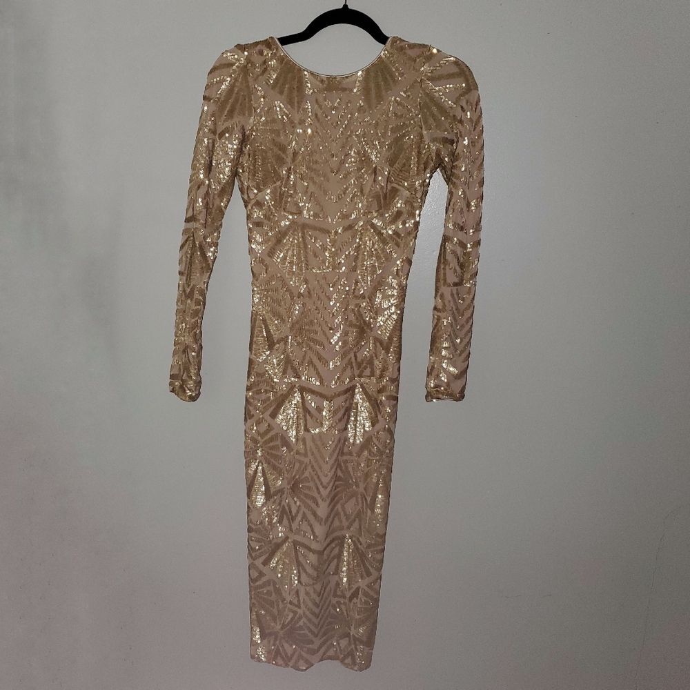 Dress The Population Emery Long Sleeve Blush Gold Sequin Open Back Dress Deco S - Picture 3 of 16